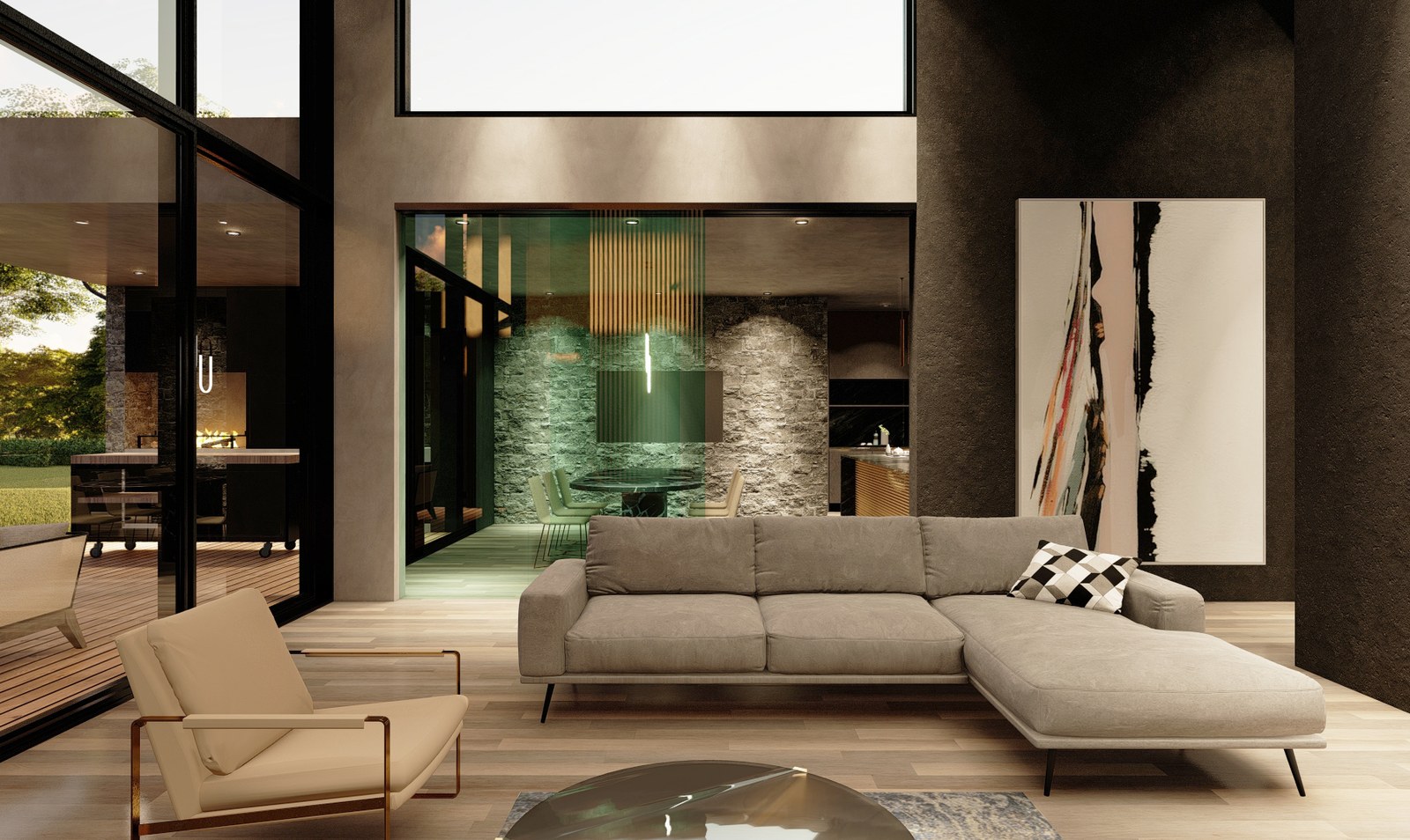 Estar con ventanales de piso a techo y muro de piedra, render del proyecto
