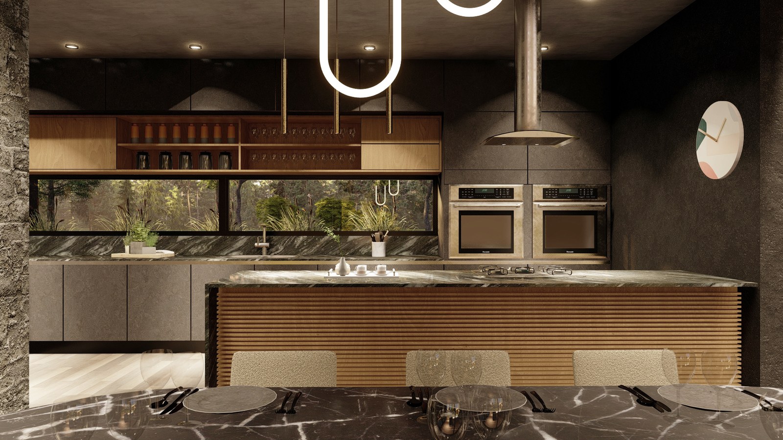 Cocina con isla revestida en madera, render del proyecto