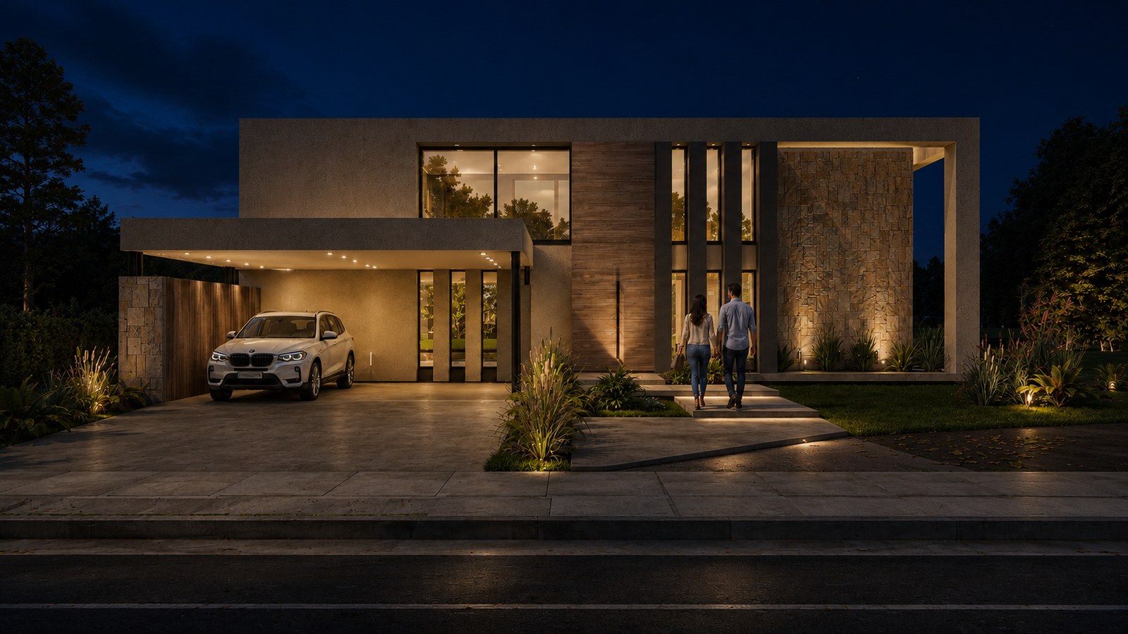 Frente de noche, con la iluminación de la cochera y del acceso encendida, render del proyecto