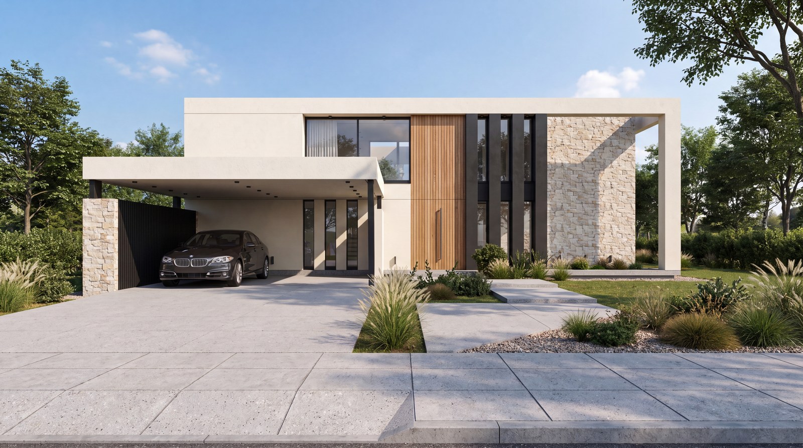 Frente de día: cochera abierta, piedra, madera y planos blancos, render del proyecto