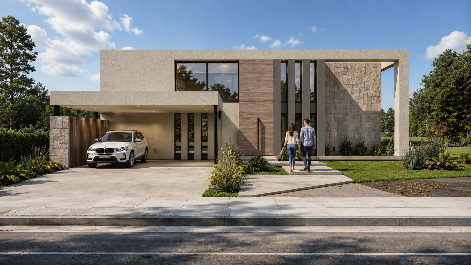 Frente con el jardín de acceso y la vereda, render del proyecto
