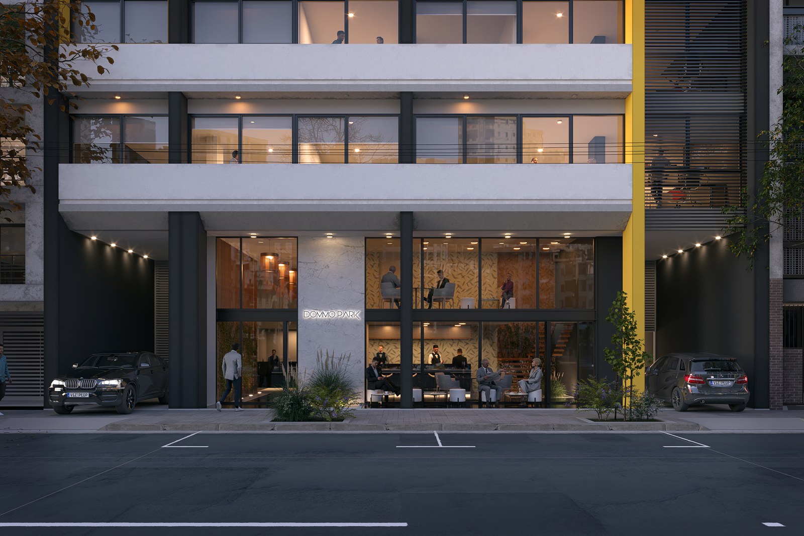 Planta baja con el acceso y los locales sobre la vereda, render del proyecto