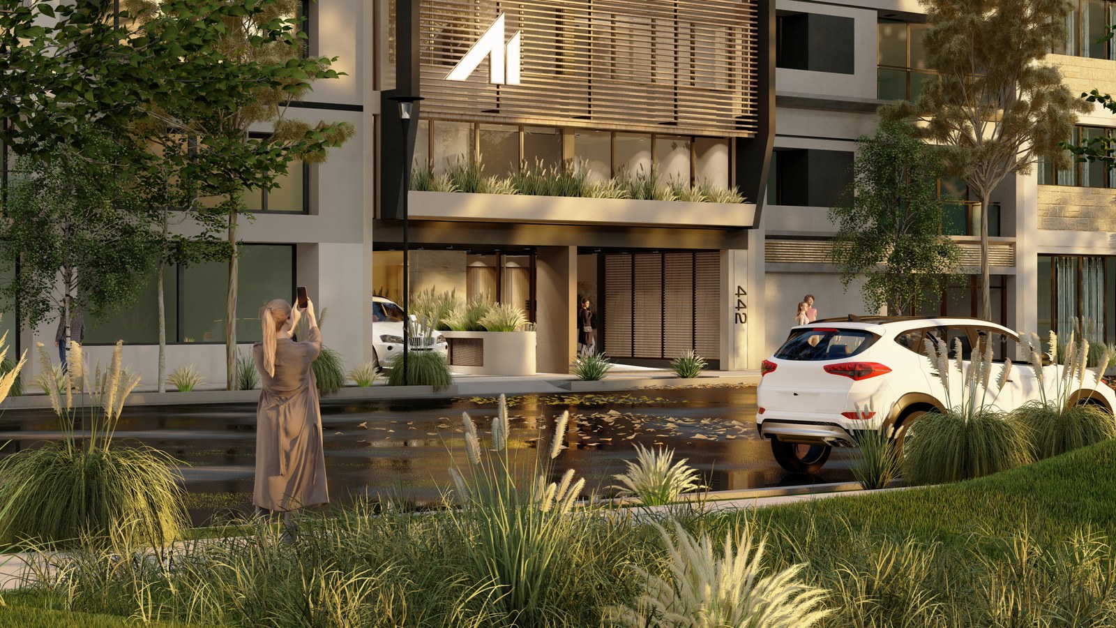 Acceso en planta baja, con la celosía de madera y el frente verde, render del proyecto