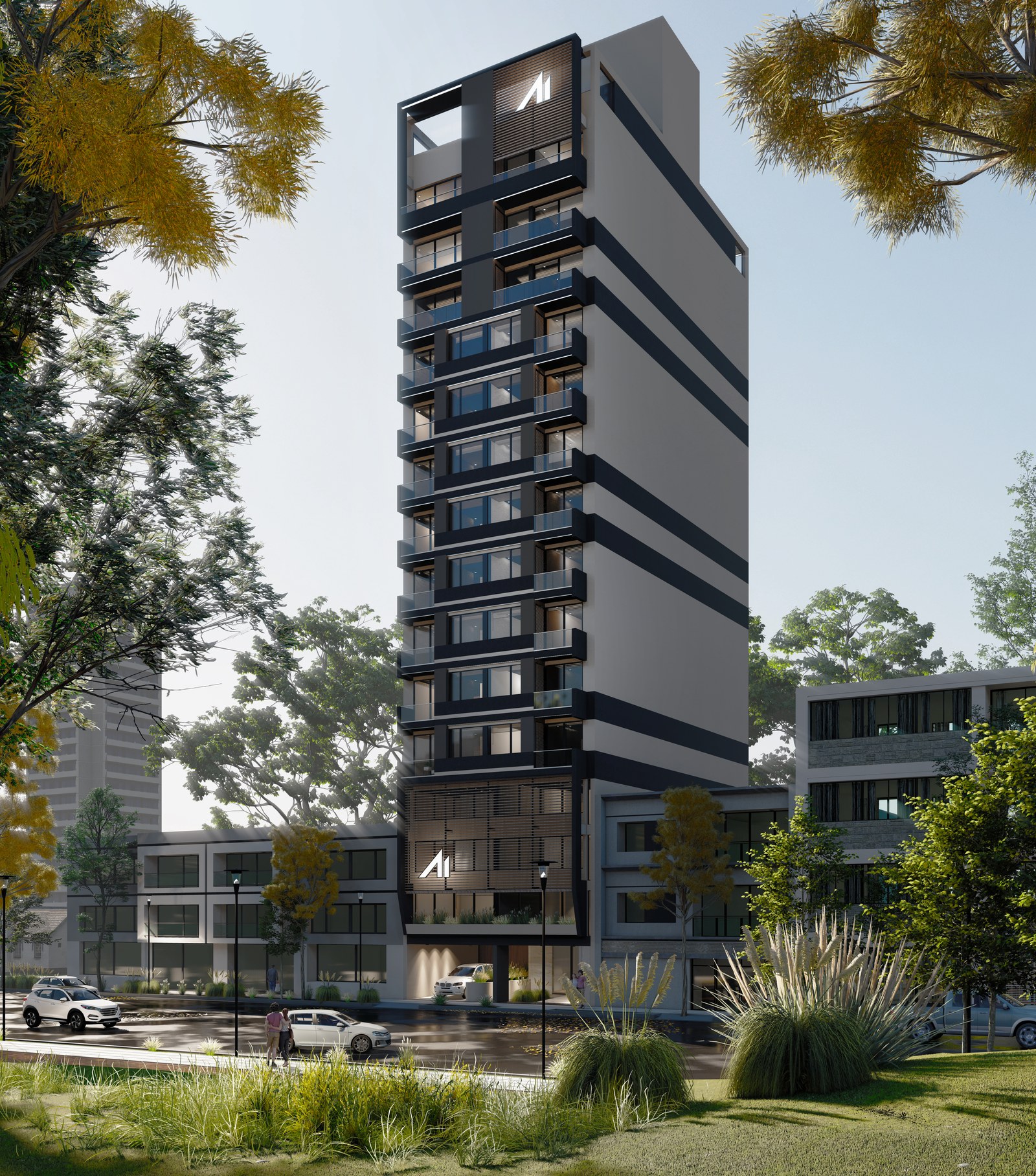 La torre completa entre los árboles, render del proyecto