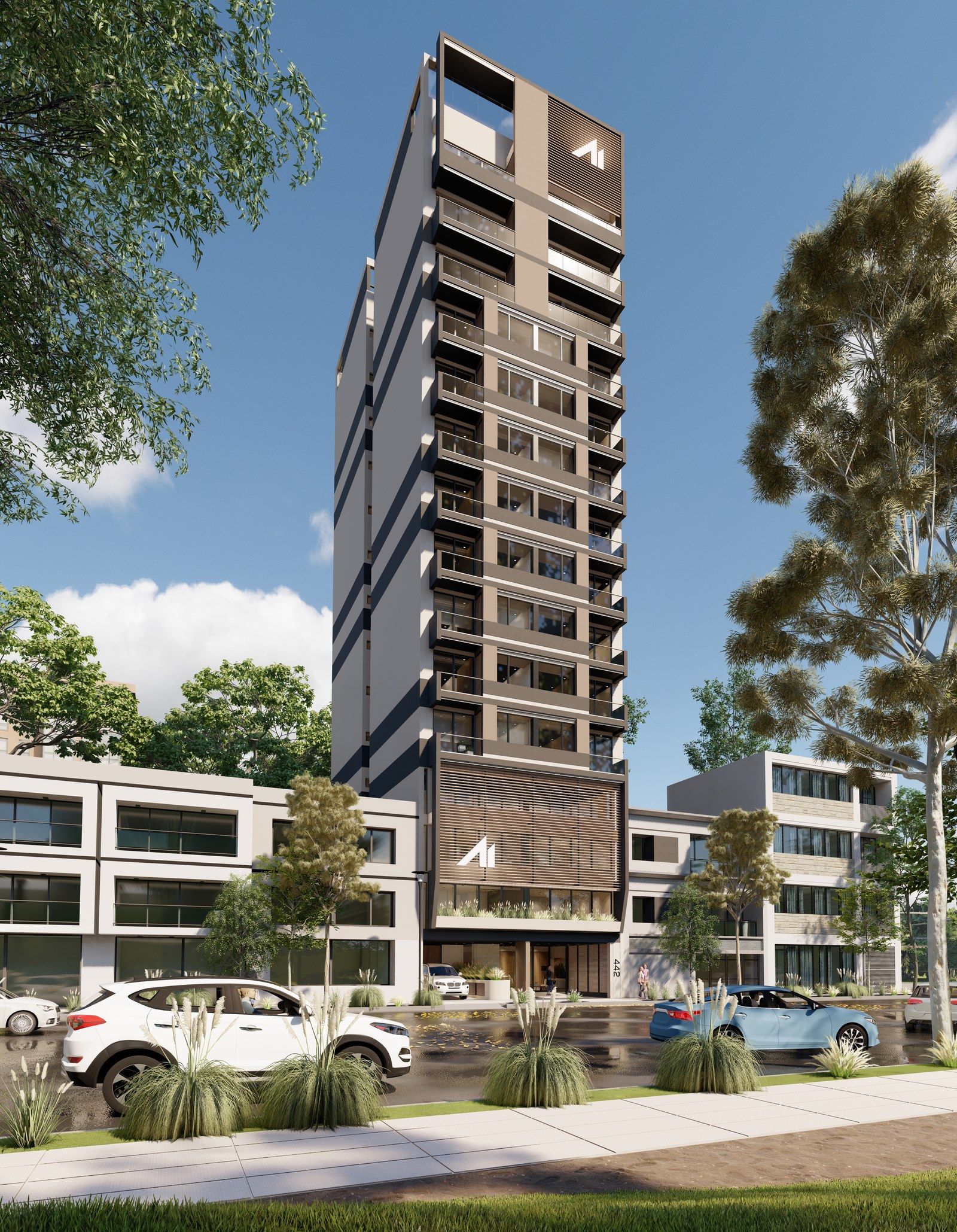 La torre desde la vereda, con luz de día, render del proyecto