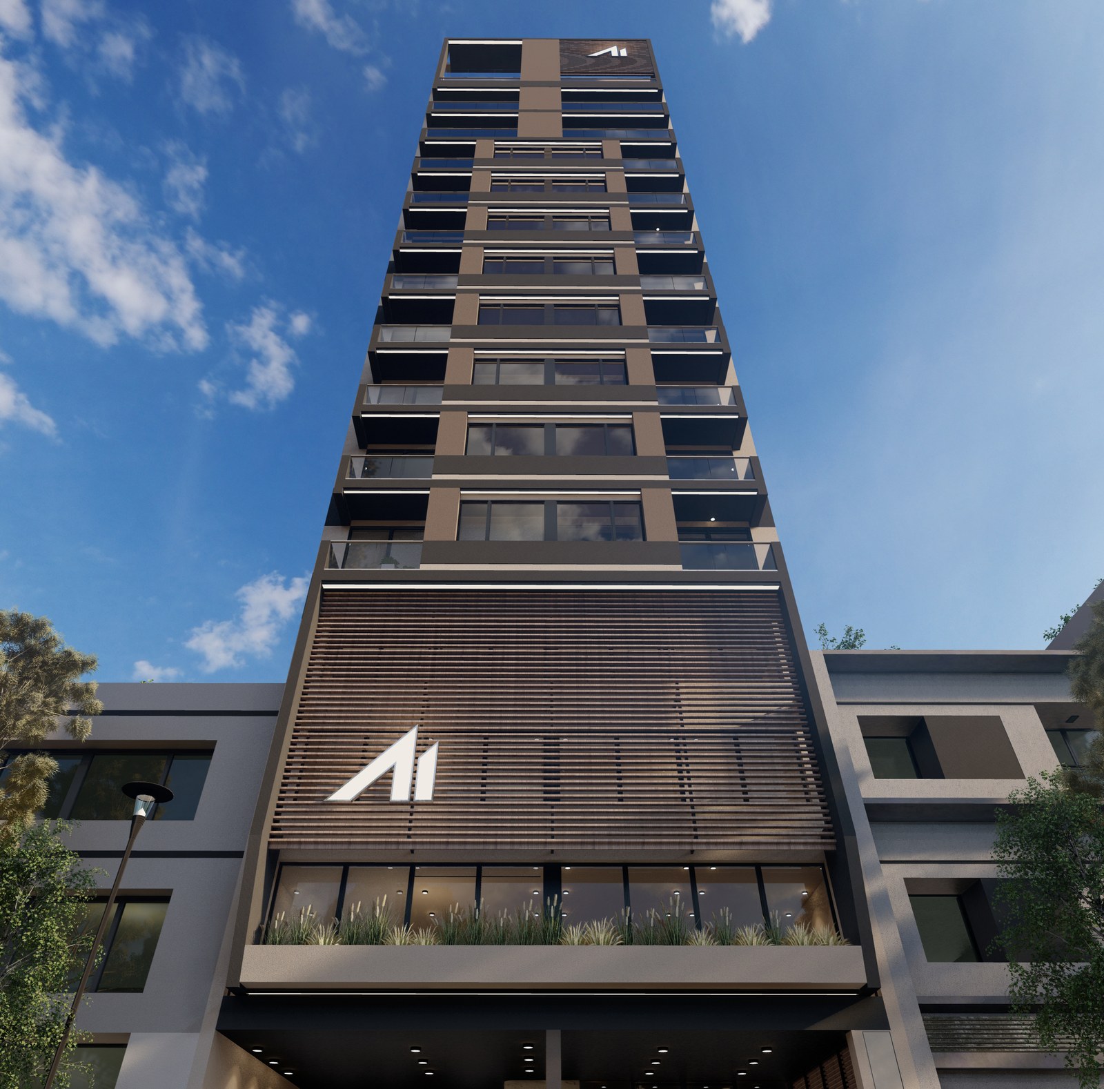 Fachada frontal vista desde abajo, render del proyecto