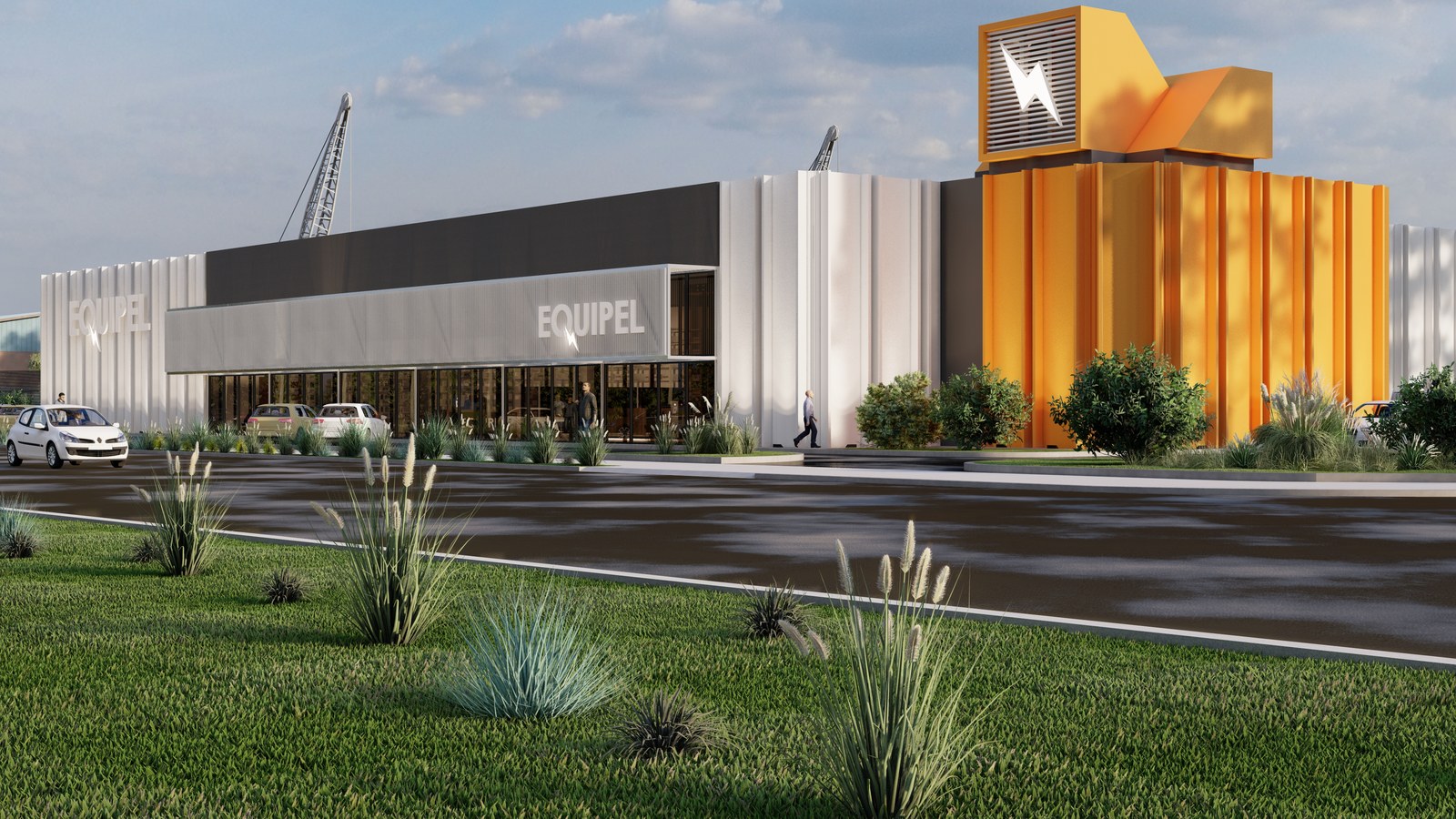 Frente completo con la torre naranja y el estacionamiento, render del proyecto