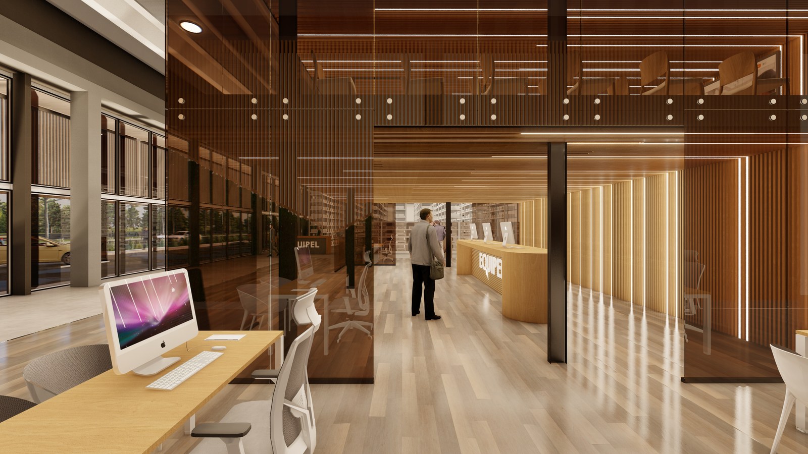 Puesto de trabajo con el interior en doble altura detrás, render del proyecto