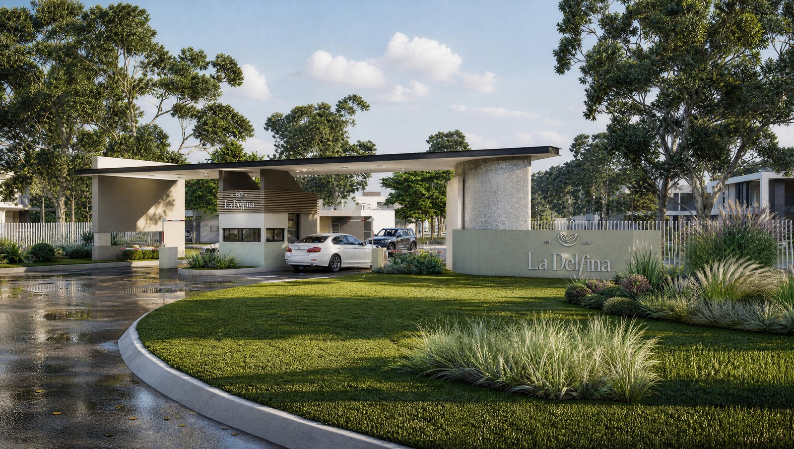 El pórtico de acceso con la garita y la rotonda verde, render del proyecto