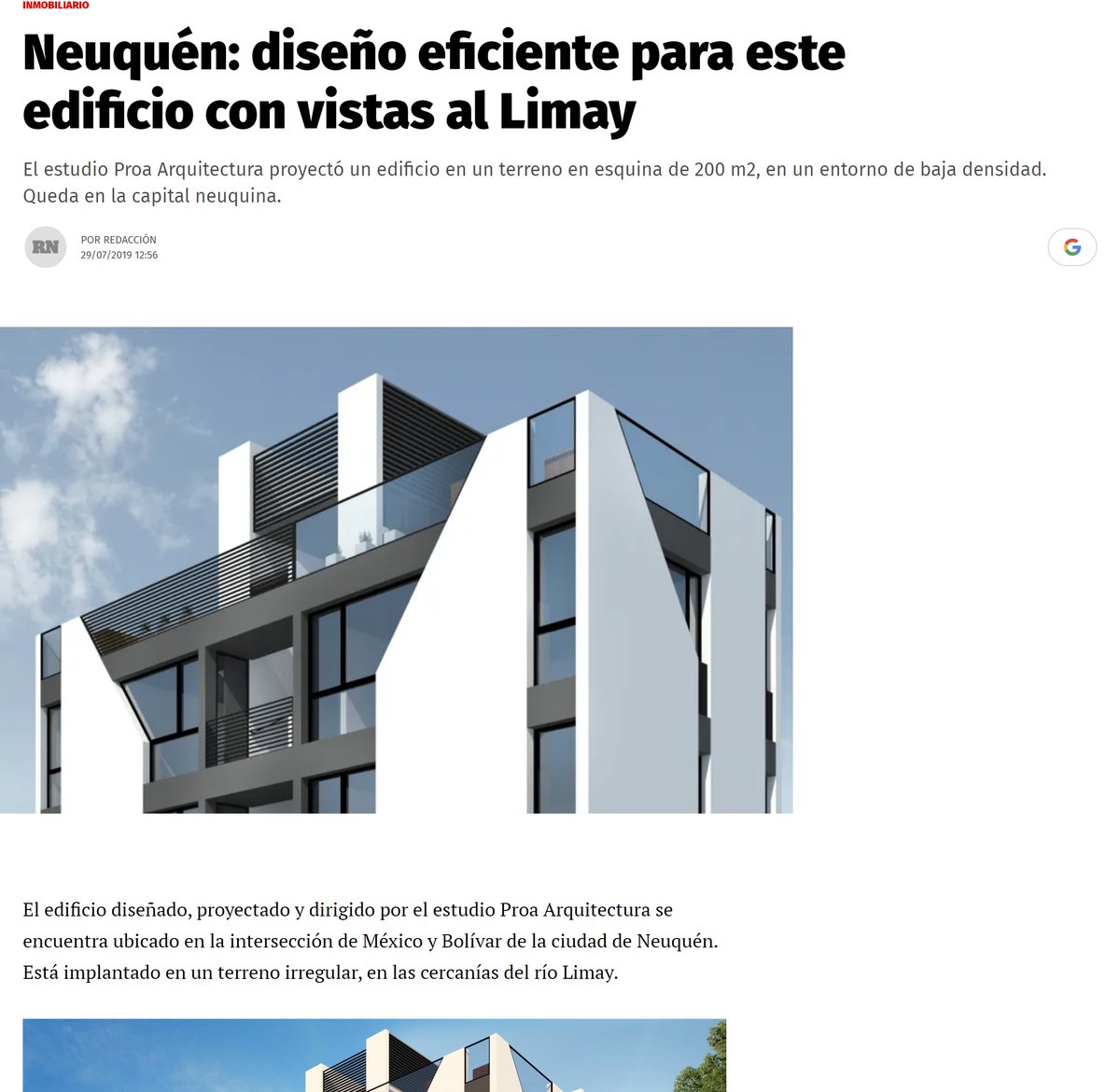 Captura de la nota «Neuquén: diseño eficiente para este edificio con vistas al Limay» en Diario Río Negro