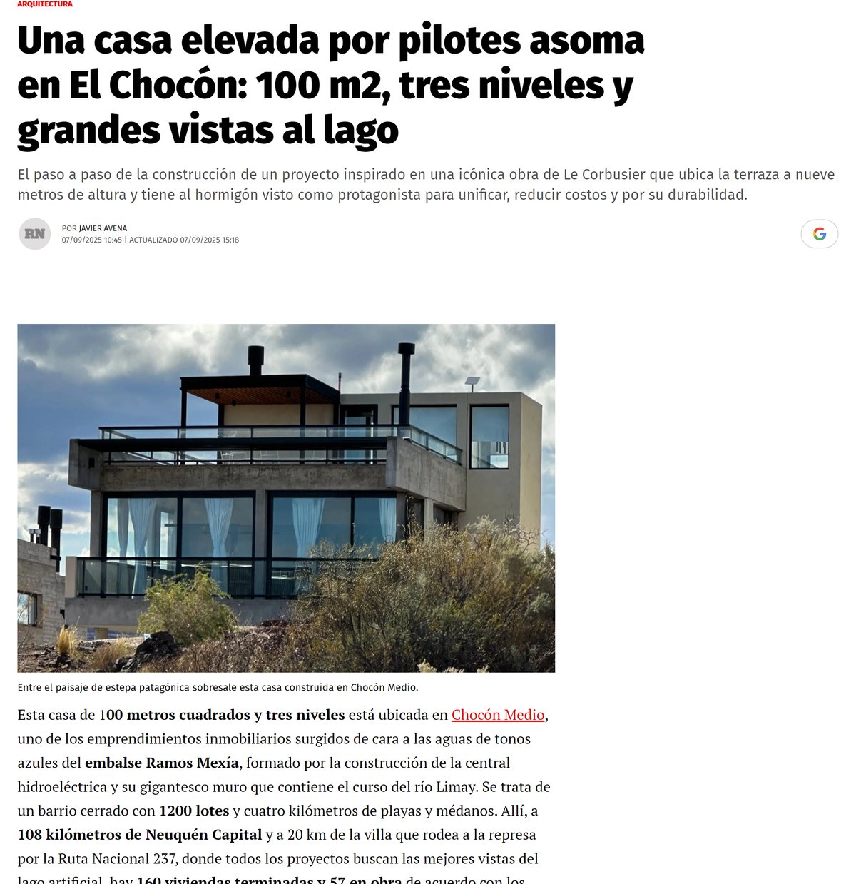 Captura de la nota «Una casa elevada por pilotes asoma en El Chocón: 100 m2, tres niveles y grandes vistas al lago» en Diario Río Negro
