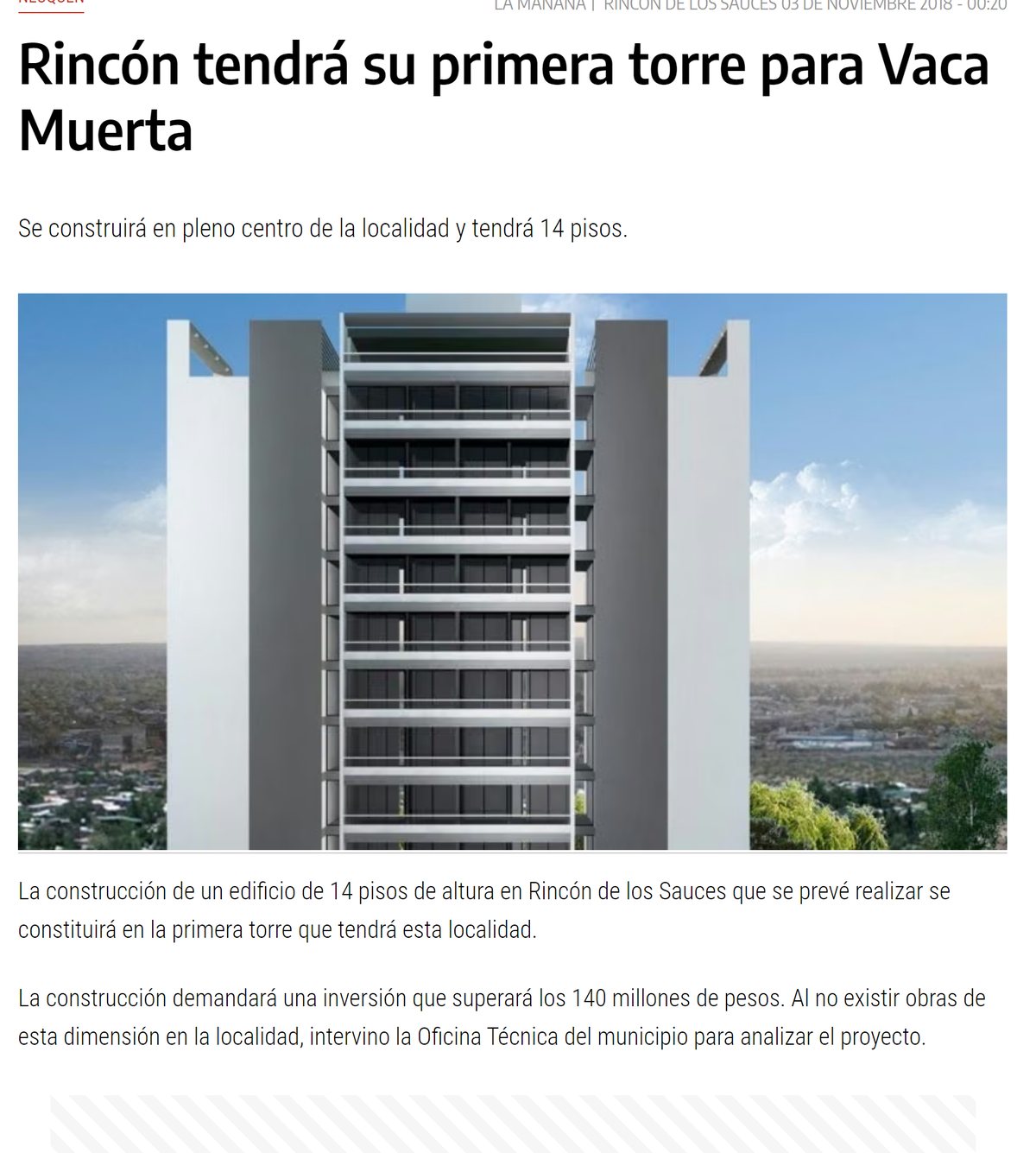 Captura de la nota «Rincón tendrá su primera torre para Vaca Muerta» en LM Neuquén