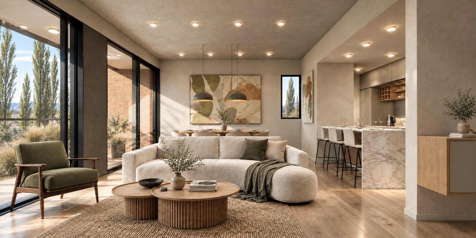 Estar de un departamento abierto al balcón, render del proyecto